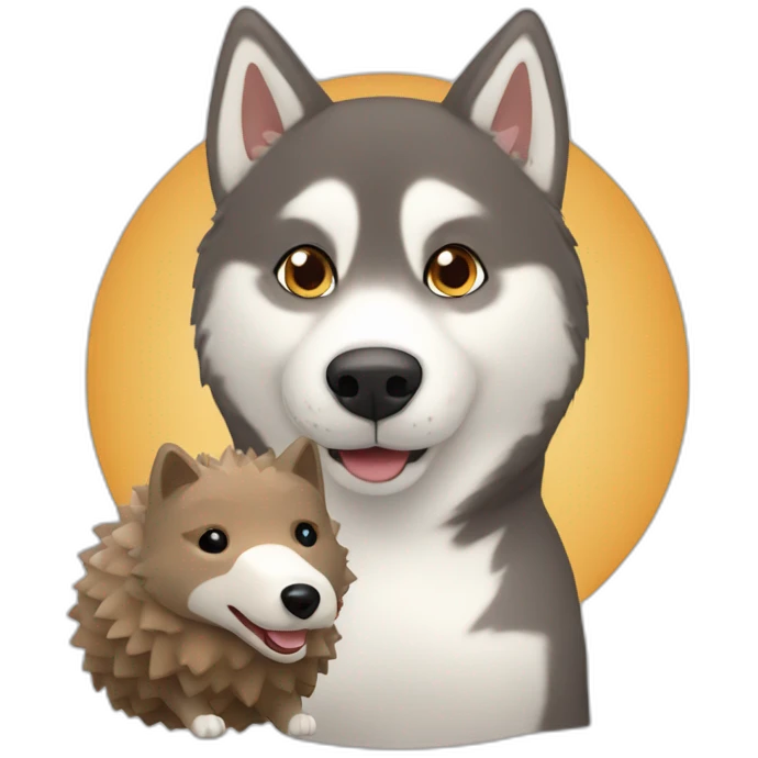 Brown husky with small gray hedgehog toy emoji