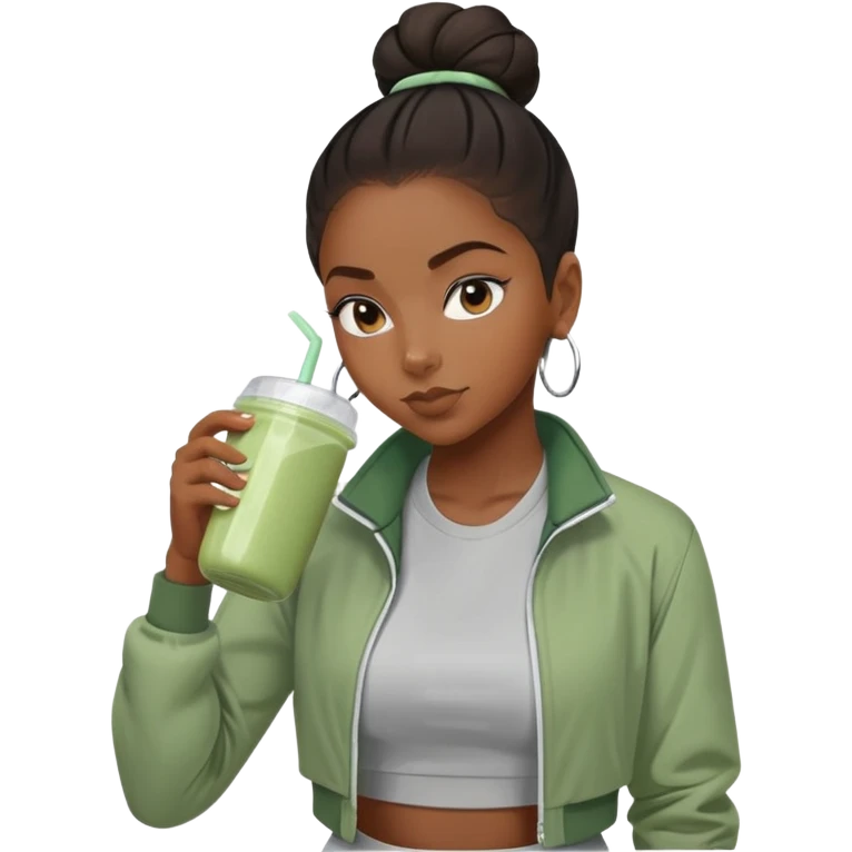 Black girl with sage green jacket drinking pre workout shake middle part slick back bun emoji
