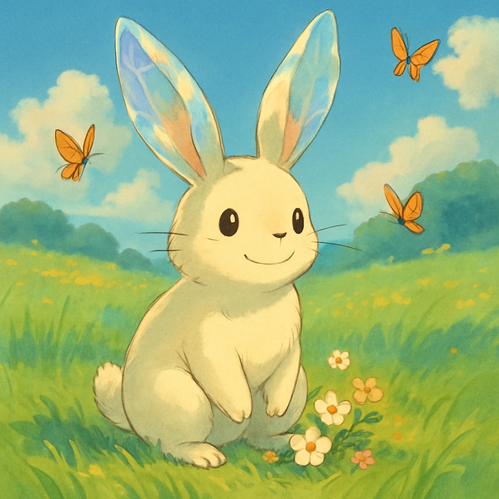 A playful rabbit spirit companion with partially translucent ears that catch the sunlight like crystal, leaving small flowers blooming with each hop, sitting in a meadow with butterflies circling around it emoji