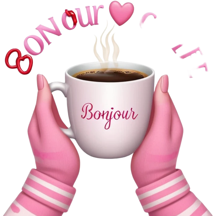 A cozy scene featuring a cup of coffee with the word “Bonjour” written on it, adorned with pink tulips, and held by hands wearing pink sleeves. The scene is decorated with pink hearts and candy canes. emoji