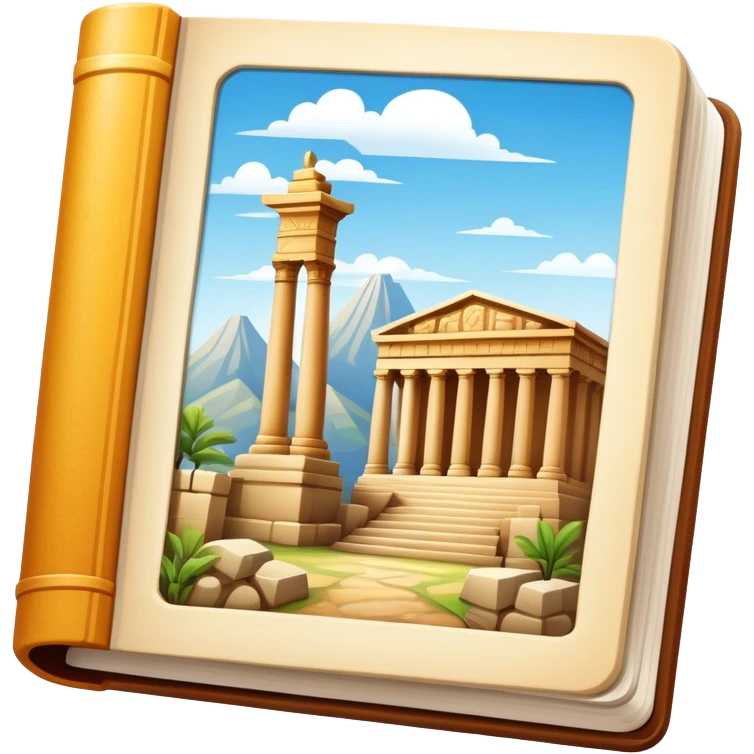 Icon for Historical and Cultural Tourism: iconic landmarks like ancient ruins, a museum and a historical monument, with a travel guidebook and camera. The icon should capture the exploration of history and culture. Transparent background. emoji