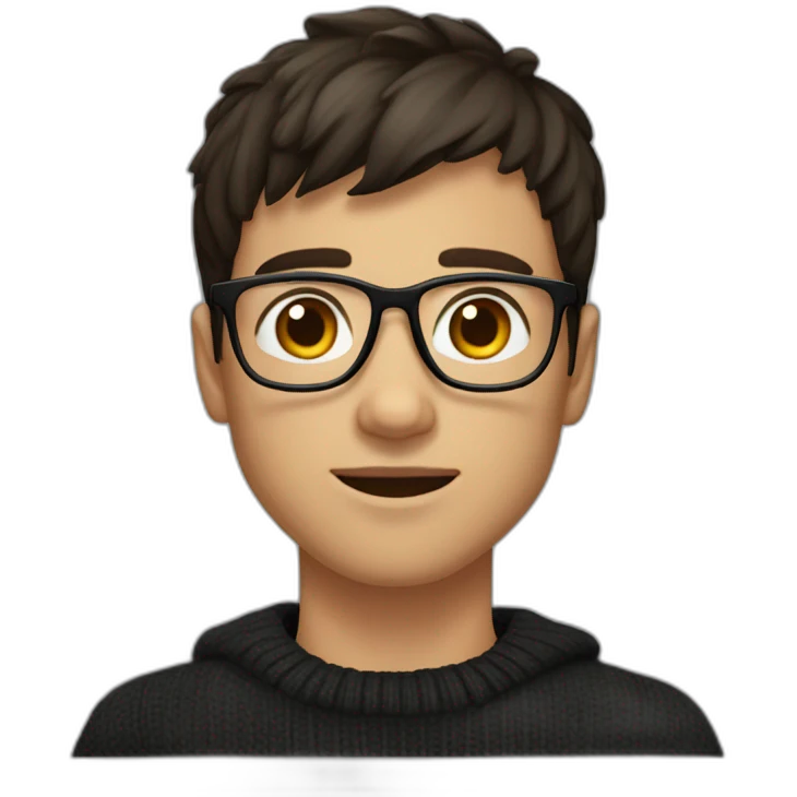 A young man with dark brown hair half-long on top and shorter on the sides with a bang. He has square glasses. He has a black sweater. He also has dark brown eyes emoji