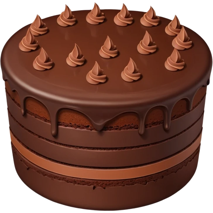 Chocolate fudge cake with chocolate base and chocolate frosting with chocolate pieces. Show the inside of the cake with three thin layers of a lighter chocolate filling  emoji