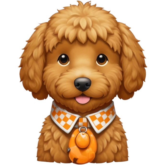 Golden doodle with Oran’s and white check collar with the name Buddy emoji