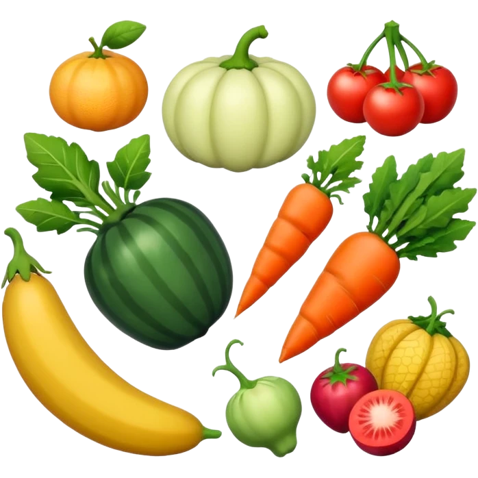 fresh fruits and vegetables together, isolated on white background emoji