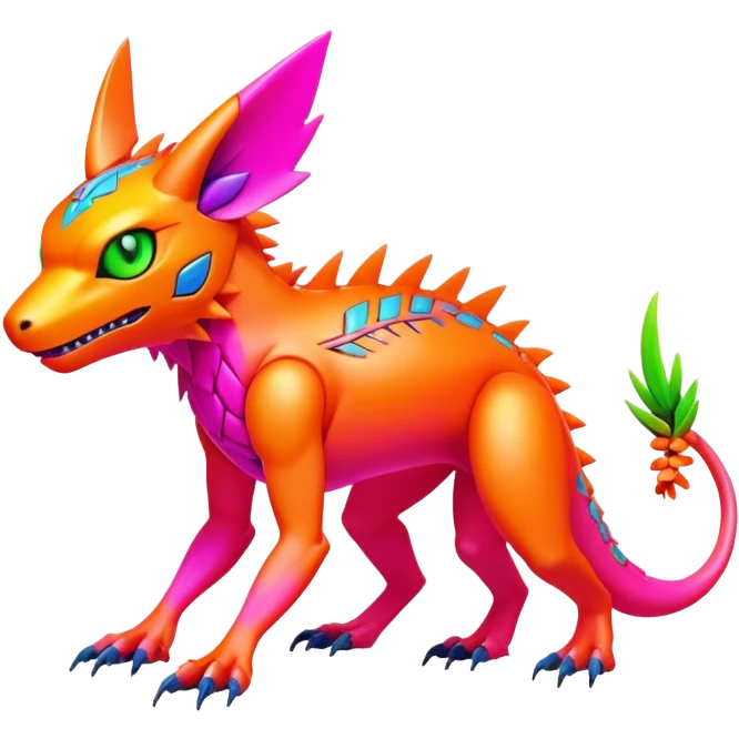 Tropical lush warm-colored modern colorful neon-colored cyber-Fakémon-Digimon-Trico-creature emoji