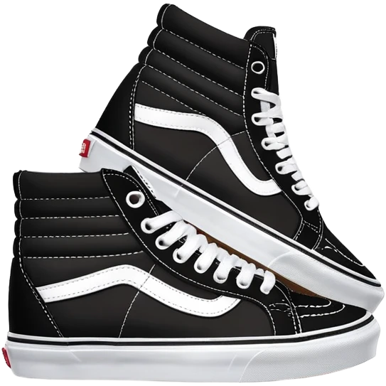 Two black Vans Sk8-Hi high top sneakers positioned in a staggered arrangement with one behind the other, classic black with white sidewall stripe, white laces and rubber toe cap emoji