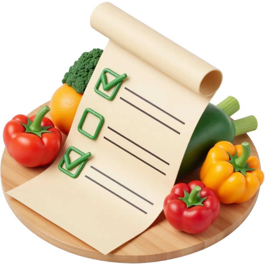 floating rolled paper list with green checkboxes and around vegetables emoji