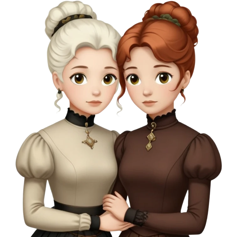 Two Victorian women with light eyes, one with white coiffed hair and one with dark copper coiffed hair, wearing Victorian turtleneck dresses with their arms tightly around each other emoji