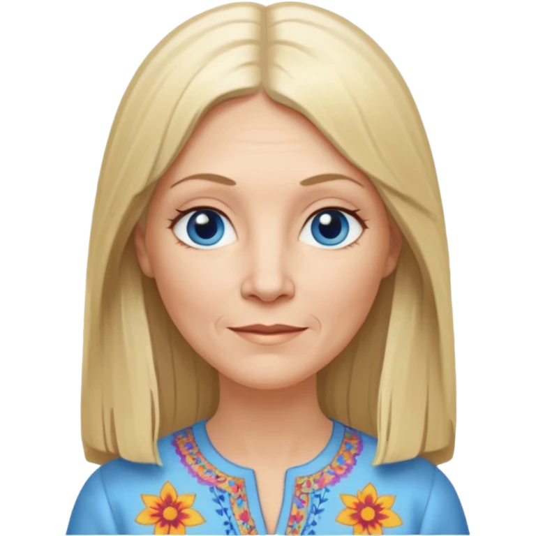 50 yr old white woman, hippie part bangs, very long straight blond hair, oval face, small smile, blue eyes, thin face, hair downback, hair parted at center of head, round cheeks, pale, longer hair, dress shirt emoji