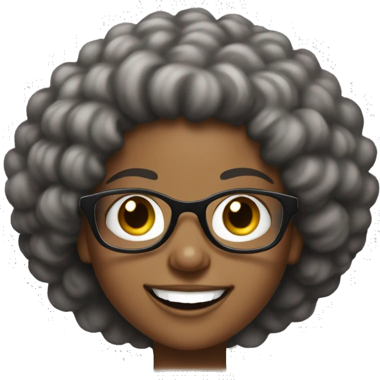 young black lady with bi eyes and big grin, short afro hair and glasses on emoji