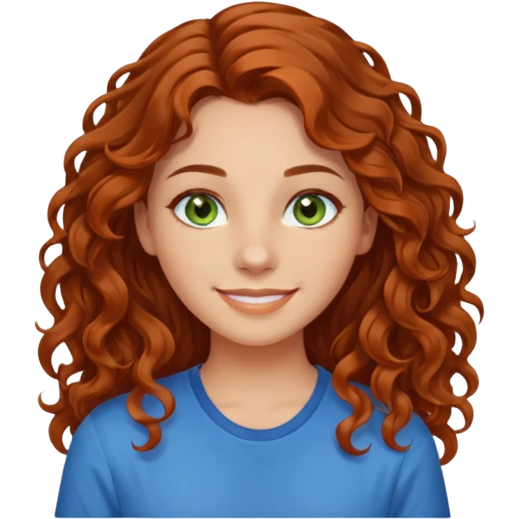 girl with brown hair, green eyes with a blue shirt no background ,young with curly hair smileing long hair not so curly and orange emoji
