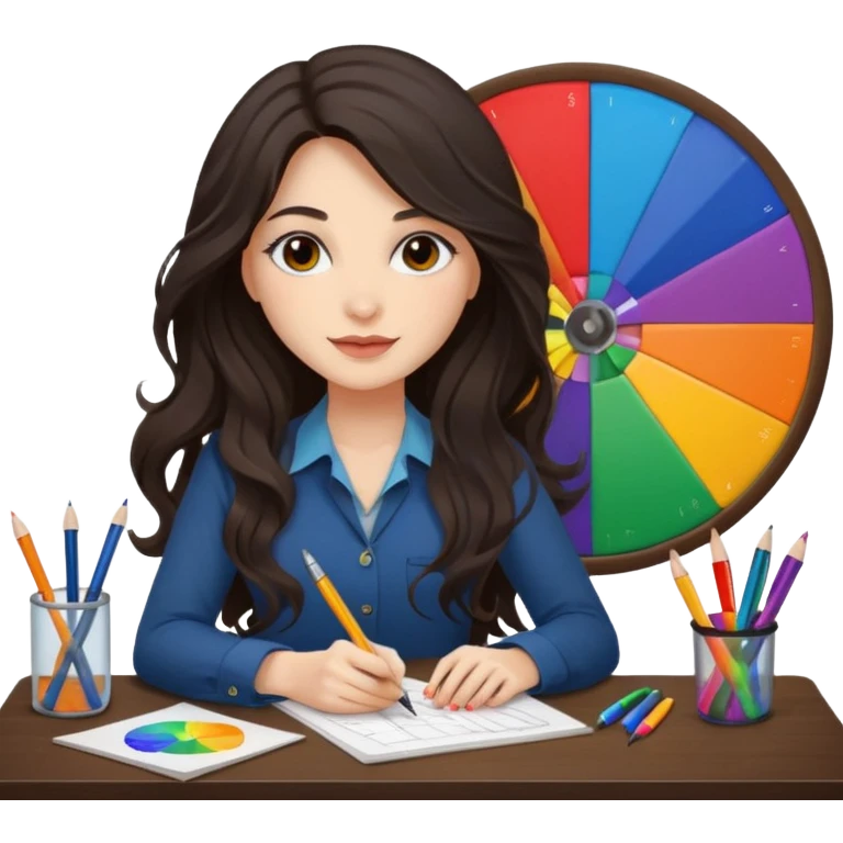 female dark wavy long hair graphic designer , big color wheel behind , pens, papers, desktop emoji
