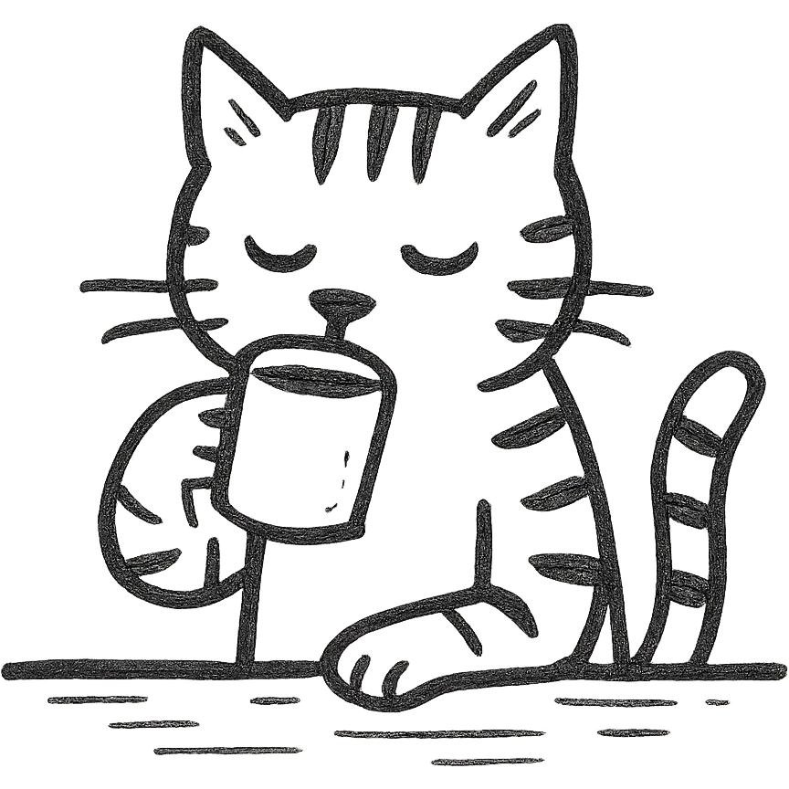 A gray striped cat sitting at a table drinking water from a mug emoji