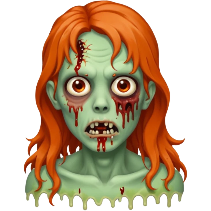 Faça com aparência de zumbi, sagrando na boca, cabelo ondulado no ombro marrom meio alaranjado nas pontas emoji
