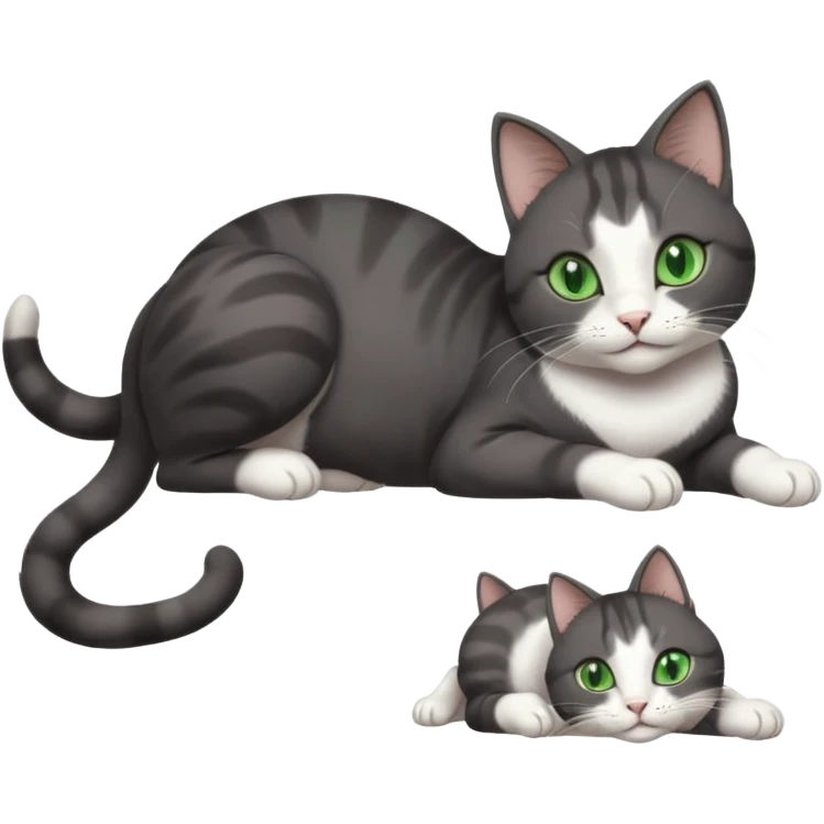 beautiful female solid dark grey cat with green eyes, white toes/paws and white patch on her chest playfully rolling upside down emoji