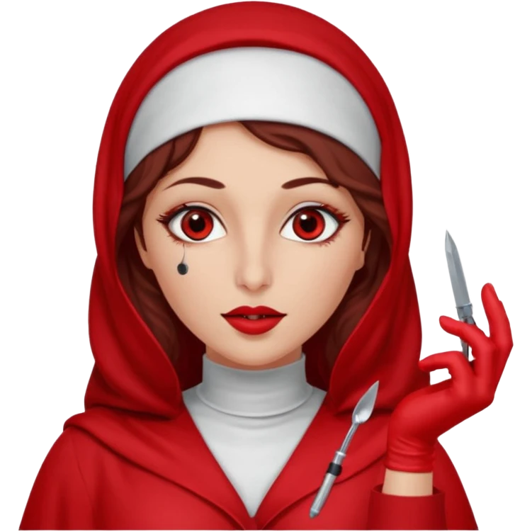 Lilith scalpel in hand, evil surgeon outfit.  She has red eyes. She has dark brown curly hair. Hair is long . Wears sexy doctor outfit with red gloves. Covers nose, neck and mouth with Muslim red burka emoji