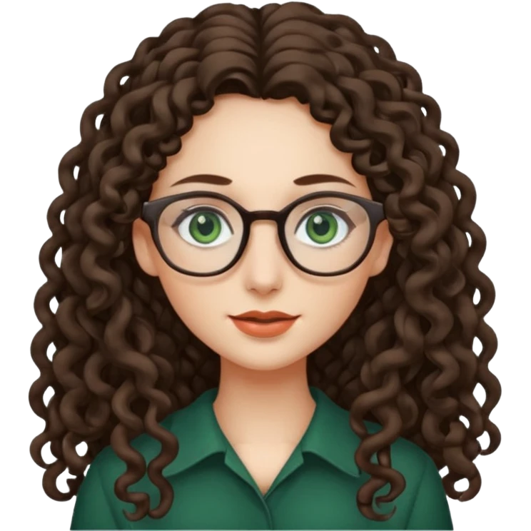 rapariga, olhos verdes escuros, cara comprida, cabelos muito compridos aos caracóis, com óculos emoji