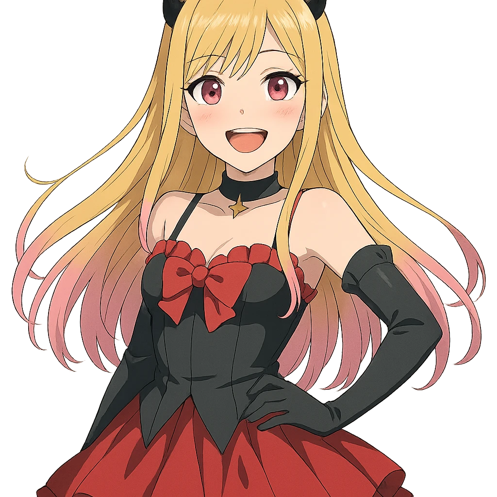 Marin Kitagawa, smiling, wearing cosplay outfit, long blonde hair with pink tips, vibrant anime style emoji