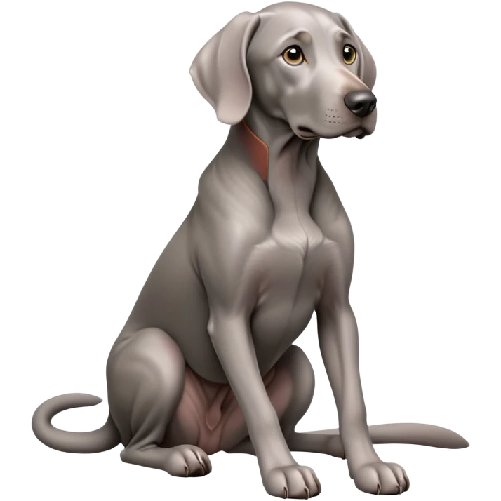 cinematic-[weimaraner-realistic-full-body-sitting-emoji,-tail-resting-loosely-beside-its-paws,-head-tilted-dramatically, -sleek-[grey]-fur,-simplified-yet-realistic-focused-features,-highly-detailed,-glowing-with-an-almost-sarcastic-glow emoji