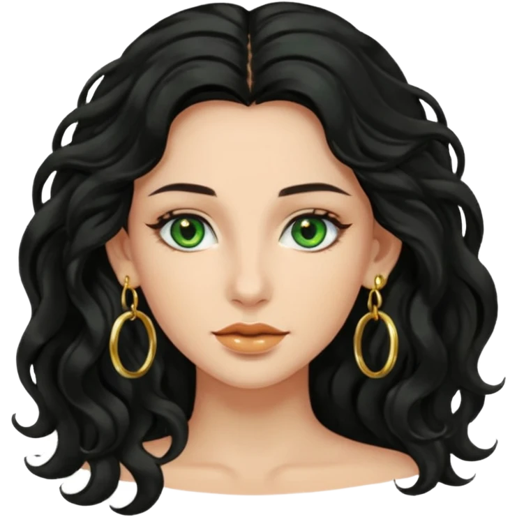 Attractive wavy black long hair with green eyes and gold hoop earrings  emoji