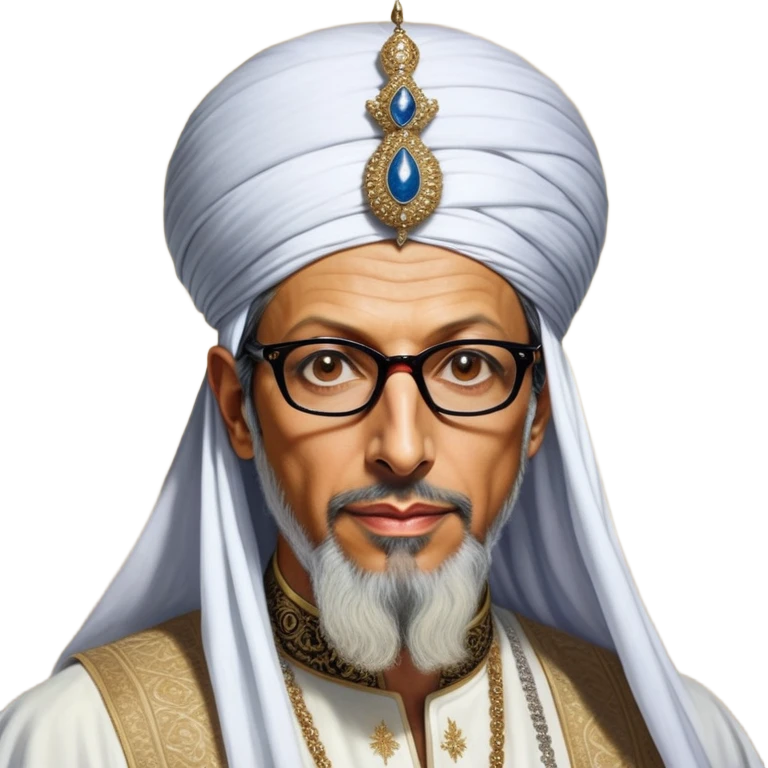 Jeff Goldblum without glasses as a regal portrait dressed as _cinematic-realistic-portrait-of-suleiman-the-magnificent,-depicted-as-a-regal-ottoman-sultan-adorned-with-a-large,-white,-round,-tall-turban-and-a-majestic-grey-beard,-his-commanding-gaze-bathed-in-warm,-historic-lighting-that-exudes-timel emoji