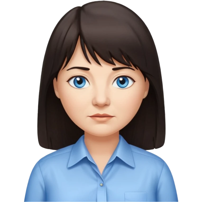 50 yr old woman, blue eyes, long straight dark brown hair, business shirt, chubby, bangs emoji
