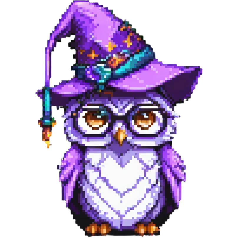 owl with a purple wizard hat and glasses pixel art emoji