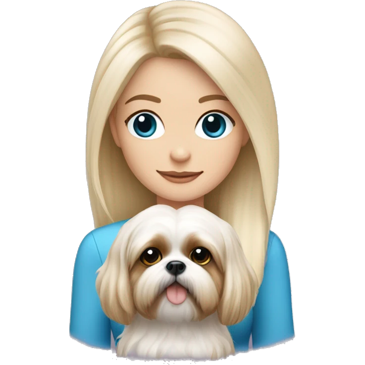 White blond girl with long hair and blue eyes holdin a small shih tzu dog emoji