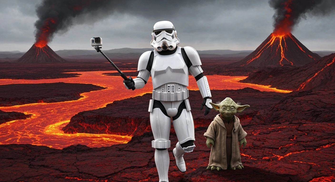 selfie camera, Starwars stormtroopers vlogging , he is walking on lava planet with yoda emoji