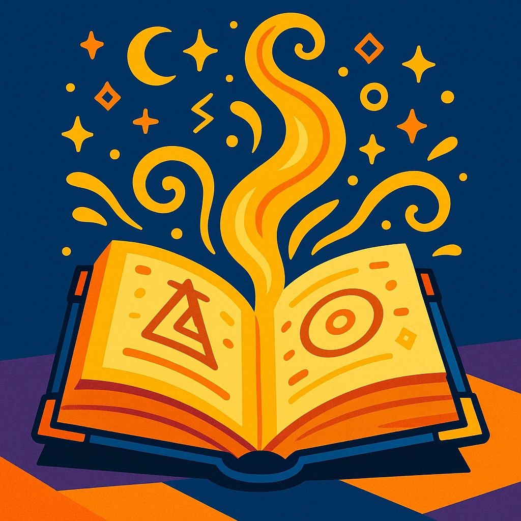 a mystic yellow book, open with swirling energy, mysterious symbols, in a vibrant style emoji