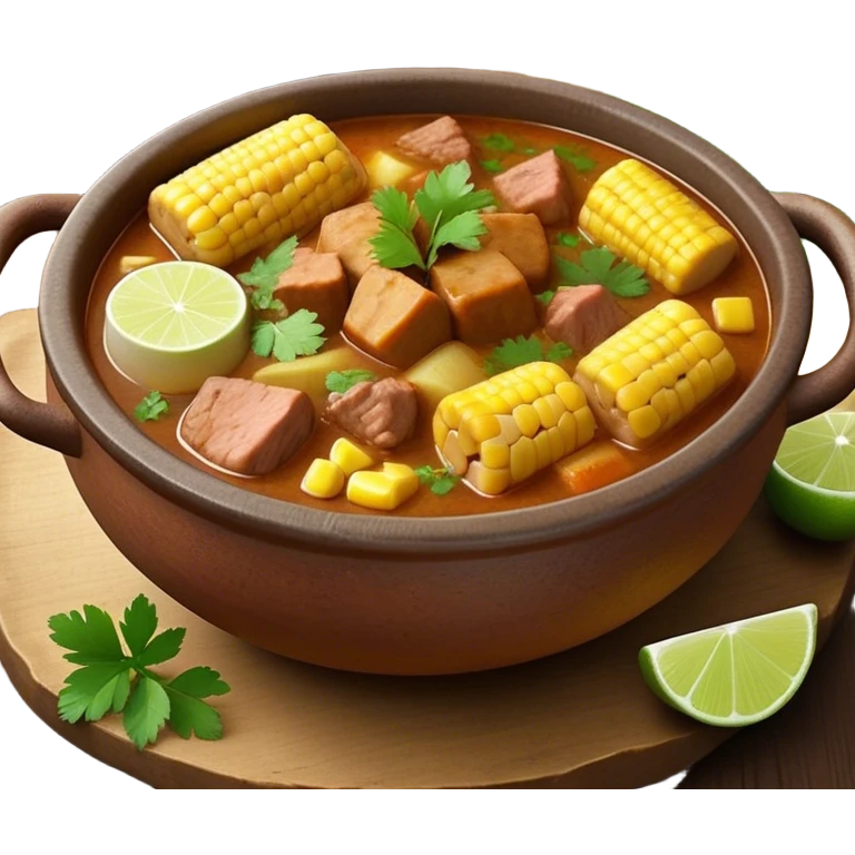 Cinematic Realistic Sancocho Antioqueño Emoji, depicting a hearty Colombian stew brimming with tender cuts of meat, yuca, plantains, corn on the cob, and potatoes in a rich, flavorful broth. Served in a rustic clay bowl with fresh cilantro and lime on the side, rendered with warm, inviting textures and homely, comforting lighting. emoji