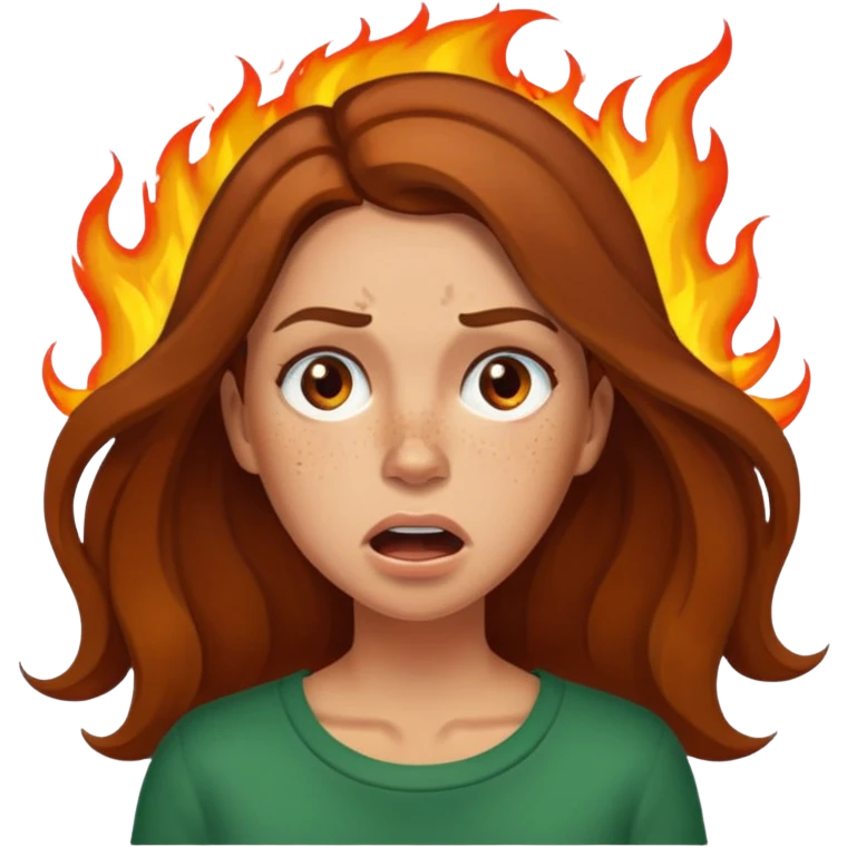 Woman with hair on fire looking stressed and panicked with brown shoulder length hair—longer hair please and light skin—an Irish gal emoji