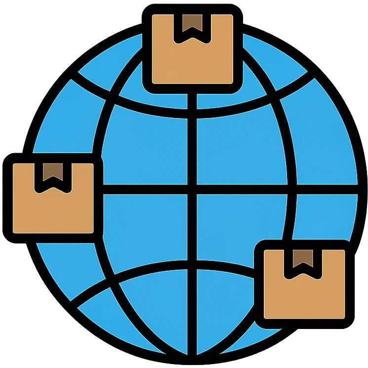 network globe with blue lines and realistic brown boxes at intersection points emoji