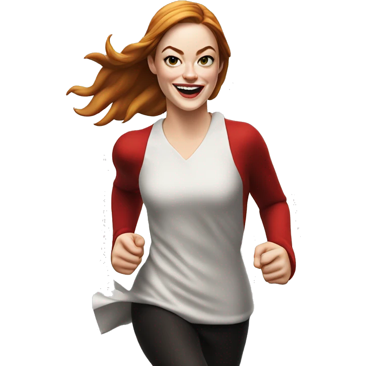 Emma Stone running emoji, with a large stride and arms outstretched, in a santa costume emoji