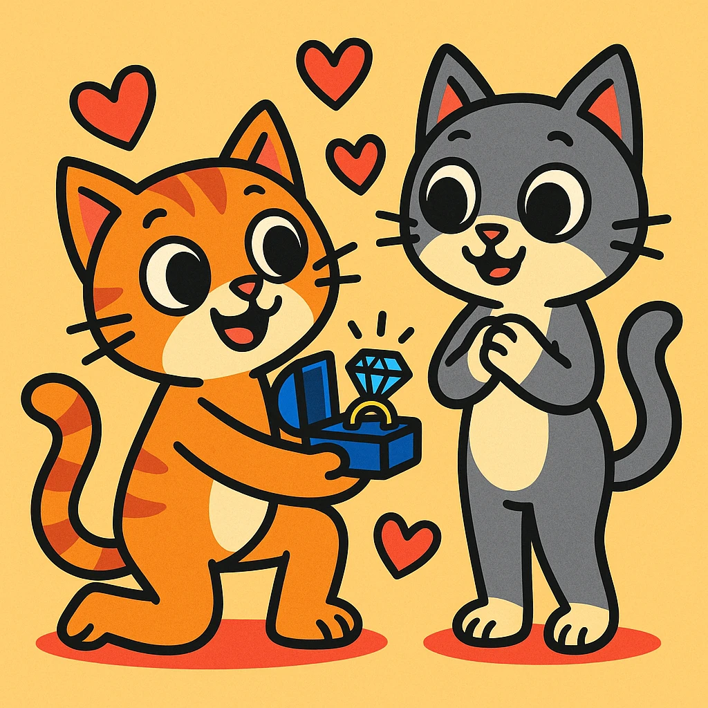 one happy cat on one knee proposing to another happy cat, both with big eyes, hearts around them emoji