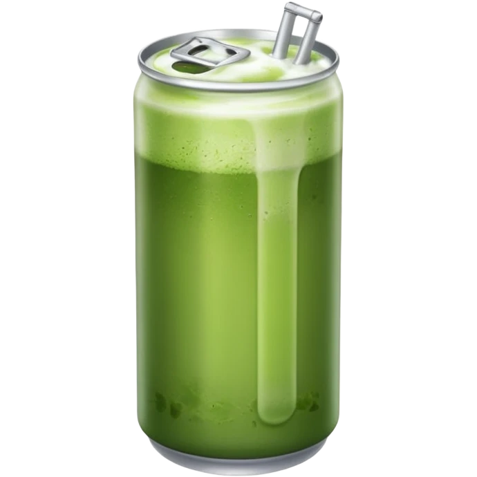 Create an emoji-style illustration of a tall, transparent can-shaped drink filled with iced matcha. The top is sealed with a silver metal pull-tab lid. The drink has a green matcha layer on top that gradually fades into a milky white layer at the bottom. The can is sleek and minimalist. emoji