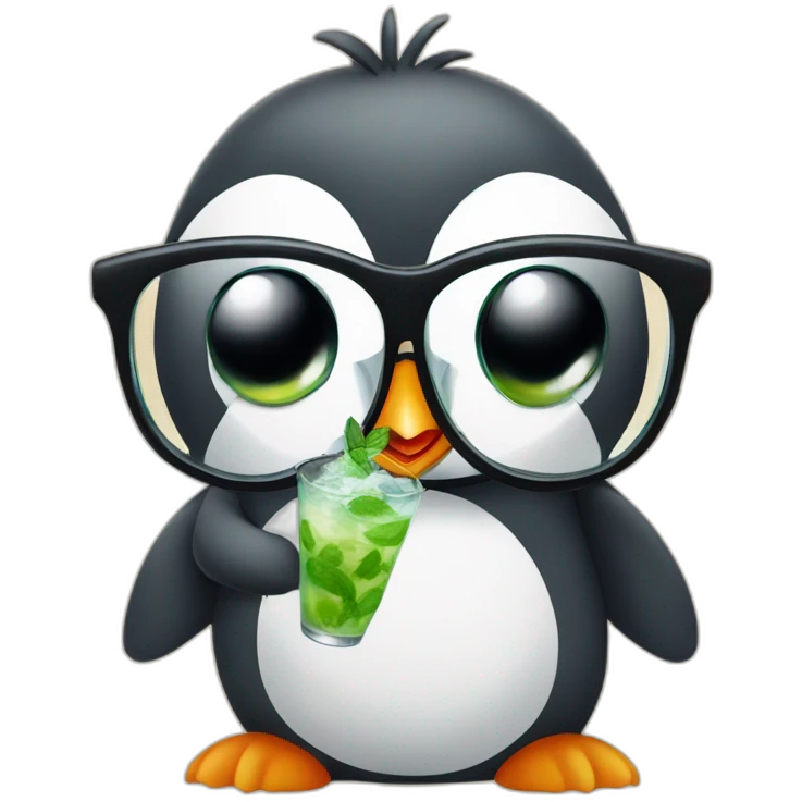 baby penguin with big glasses drinking mojito emoji
