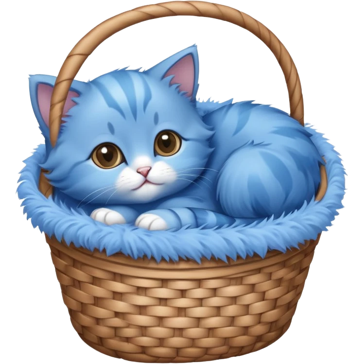 A blue kitten lying in a basket, with no details. Minimalist design, focusing on the kitten's simple and cute form in the basket. emoji
