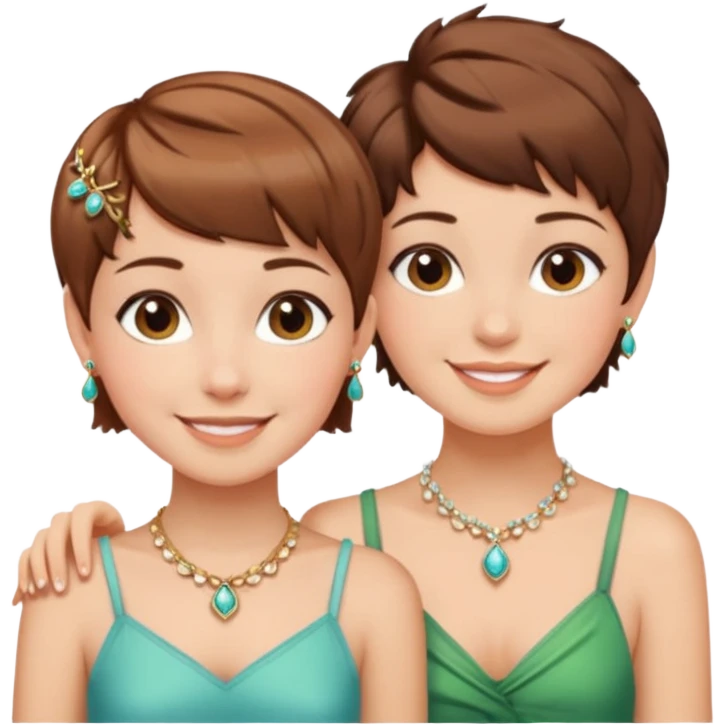 Fair skin and brown colored besties with brown hair pixie cuts wearing jewelry  both brown hair  emoji