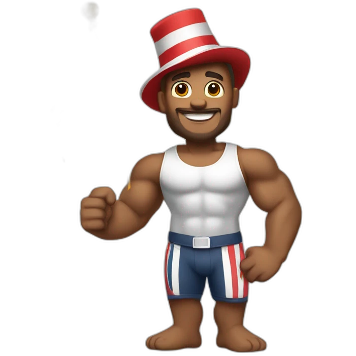 Create a full-body emoji of a muscular man, wearing a New Year's hat and holding a flag. emoji