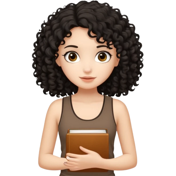 a pretty bratz fair girl with black curly hair in a brown tank top holding a book emoji