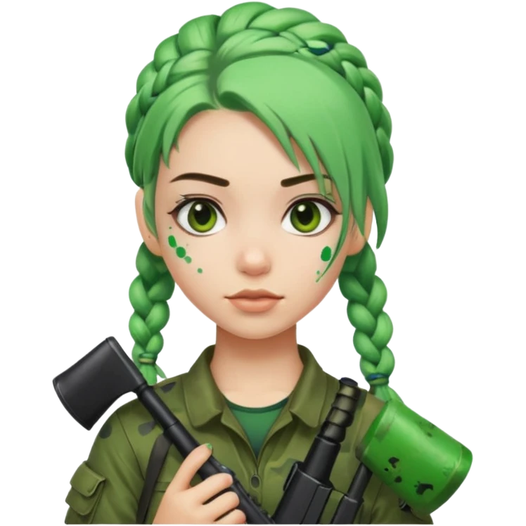 paintball player face girl braided green hair emoji