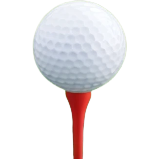 A golf ball resting on the grass of a lush golf course, with a golf club positioned nearby, ready for the next shot. The background features rolling green hills and a clear sky, highlighting the serene and precise nature of the sport. emoji
