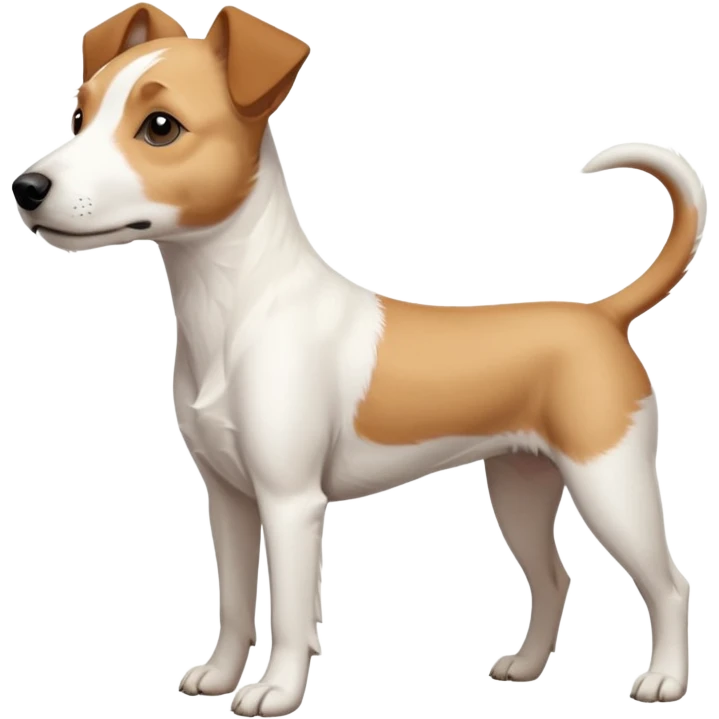 a full body facing front on of a buff white parson russell terrier looking dog the size of a kelpie with light brown long ears resting on its face and a light brown patch above one eye and a large snout. the rest of the dog is completely white.  emoji