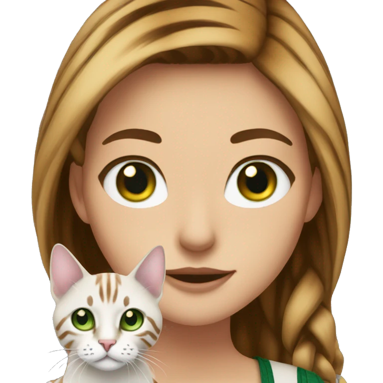 White skin medium hair brunette with bengal cat with green eyes emoji