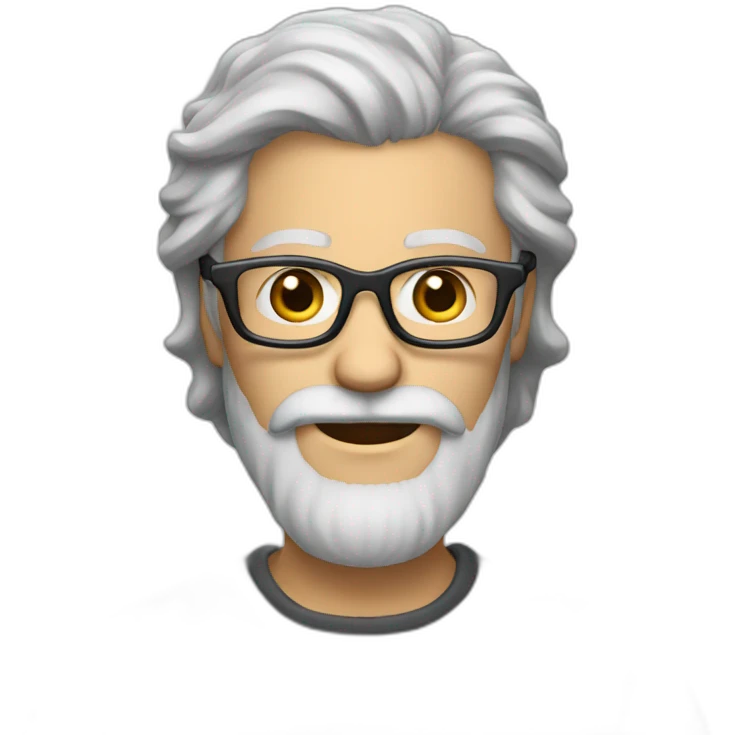 long grey hair, short grey beard, eyeglasses emoji