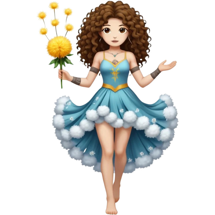 full body woman long curly brown hair brown eyes white skin tattoos muscular build dandelion seed spirit dress made of floating fluff emoji