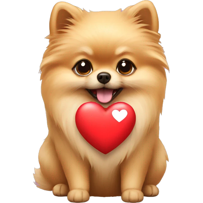 Beige pomeranian holding a heart emoji