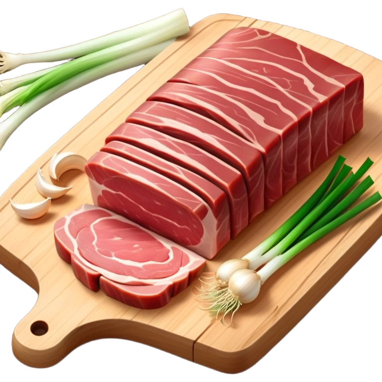 Create an emoji-style illustration of salo (Ukrainian pork fat) in the style of Apple iOS emojis.
The salo should be sliced, slightly glossy, with visible layers of fat and meat. Include a few slices on a wooden cutting board, optionally with garlic or green onion.
Style should match iPhone emoji aesthetics — clean, slightly 3D, soft gradients, no outlines.
Transparent background. High resolution. PNG format. emoji